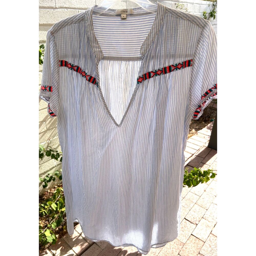 J CREW Women's Blue Striped Embroidered Tunic Size XL Beach Cover Cottagecore
